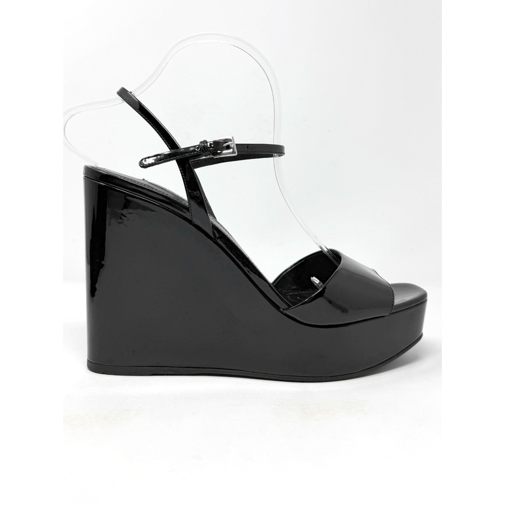Prada Black Patent Leather Platform Wedge Sandals Size 41 Ankle Strap Heels - Picture 3 of 9